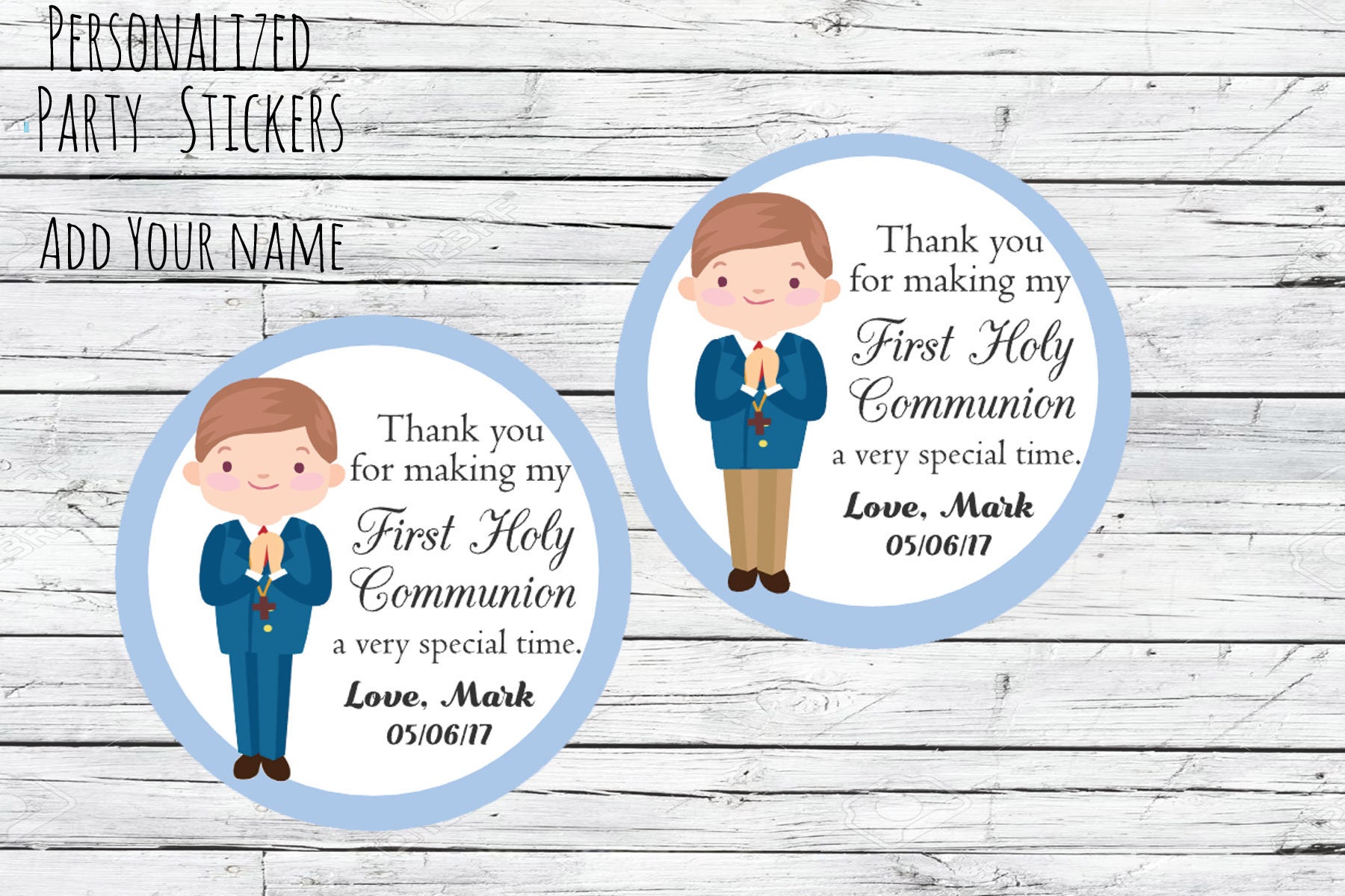 First Communion Stickers, Personalized First Holy Communion Favor Labels, Thank You Stickers, Boy Holy Communion Stickers, Communion Favor
