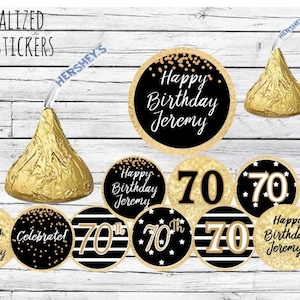 Any Age 70th Birthday Party Decorations, Black and Gold Birthday Party Favors, Stickers for Chocolate Kisses 40th, 50th, 60th, 70th, 80th