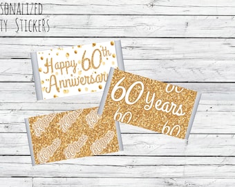 18 Gold or Sliver  60th Anniversary Party Favors, Candy Wrapper Stickers for Hershey Miniatures, Wedding Anniversary, Company Anniversary