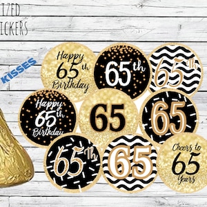 65th Birthday Party Decorations, Black and Gold Birthday Party Favors, Happy 65th Birthday Stickers for Chocolate  Kisses