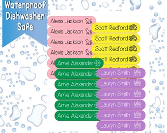 May include: Waterproof dishwasher safe labels with various names and icons. The names include Alexis Jackson, Scott Redford, Amie Alexander, and Lauryn Smith. The icons include a cat, a truck, a flower, and a castle.