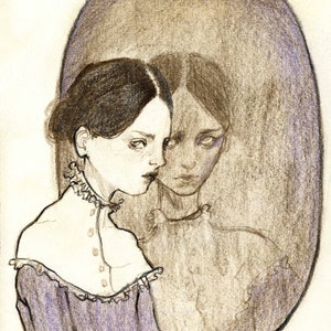 May include: A pencil drawing of a woman looking into a mirror. The woman is wearing a purple dress with a white collar and a lace trim. Her reflection in the mirror is slightly blurred and appears to be sad.