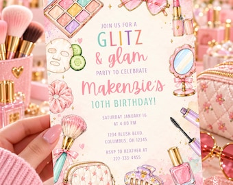 Glitter och glamour födelsedagsinbjudan, sminkfest Canva-mall