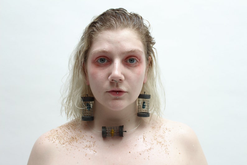 Unique Caged Coral Blue Flocked Electroformed Oxidised Drop Earrings