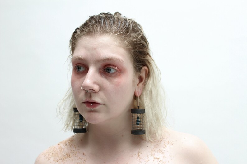 Unique Caged Coral Blue Flocked Electroformed Oxidised Drop Earrings