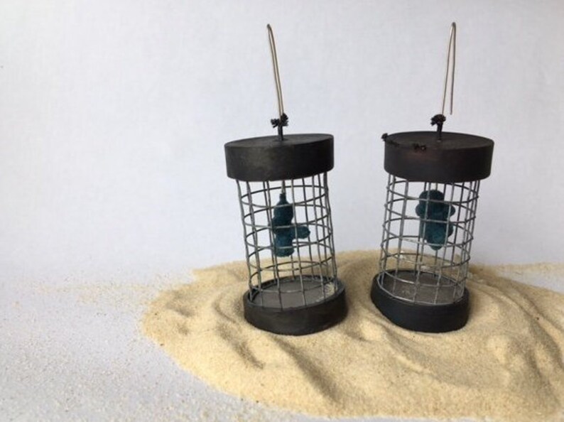 Unique Caged Coral Blue Flocked Electroformed Oxidised Drop Earrings