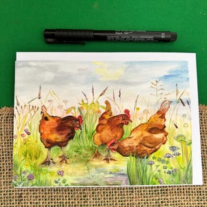 Carte de poulets.  « Jenny Hen, la princesse Leia et Jean » de Ginny Boom. Carte de voeux professionnellement imprimée giclée. Blanc à l'intérieur.