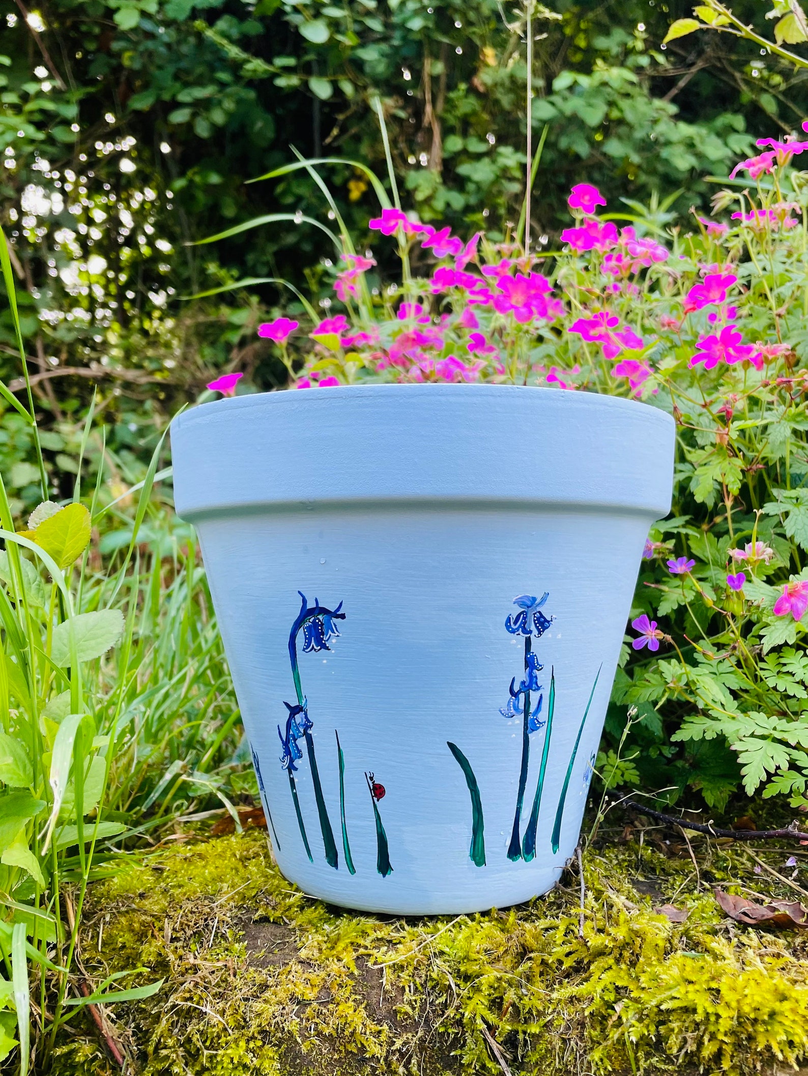 Plant Pot Blue Bluebells planter hand painted by Ginny Boom Etsy
