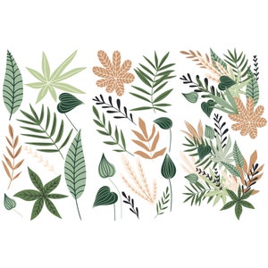 May include: A collection of green, brown, and beige leaves and branches. The leaves are in various shapes and sizes, and some have a more abstract design. The leaves are isolated on a white background.