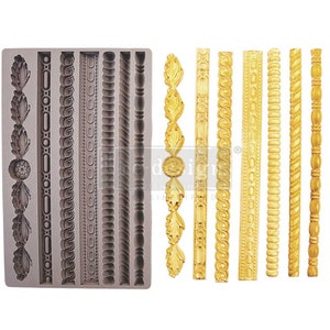 May include: A gray silicone mold with various decorative border designs, including leaf, swirl, and beaded patterns. Several gold-colored, finished border pieces are displayed next to the mold, showcasing the potential results.