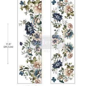May include: Two floral design decals featuring a variety of flowers in shades of blue, cream, and green. The decals are 11.5 inches (29.2 cm) tall and 3.25 inches (8.2 cm) wide. The word "des" is partially visible.