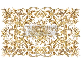Könnte beinhalten: Ein kompliziertes florales Muster in Gold und Weiß mit einem sich wiederholenden Design aus verzierten Schnörkeln und Blättern. Das Muster ist von einem Rand aus goldenen Ketten eingerahmt.