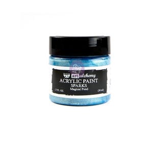 May include: A jar of Art Alchemy acrylic paint in the color "Magical Pond." The paint is a shimmering blue with a black lid. The label reads "Acrylic Paint Sparks" and the jar contains 1.7 fl oz (50 ml) of paint.