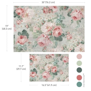 May include: Floral fabric with a vintage aesthetic. The design features large pink roses, smaller white flowers, and green foliage on a light gray background. The larger piece measures 30 inches by 19 inches, and the smaller piece is 16.5 inches by 11.7 inches.