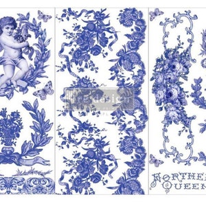 May include: Blue and white decorative design sheets featuring cherubs, floral patterns, butterflies, and the words "Northern Queen." The designs are reminiscent of classic porcelain patterns, with intricate details and a vintage aesthetic.