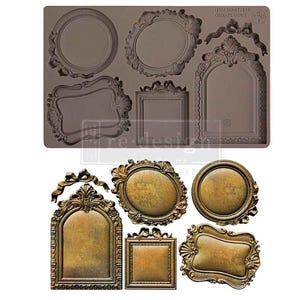May include: A gray silicone mold with various ornate frame designs. Below, several finished frames in a bronze color are displayed. The frames vary in shape, including oval, rectangular, and arched, with detailed embellishments. The text "ITEM NO: 577519 ORNATE MINIS" is visible.
