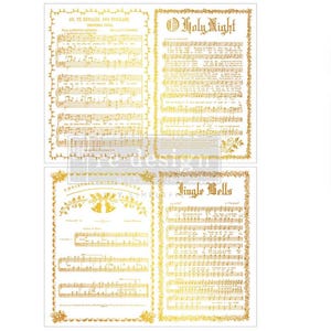 May include: A set of four gold-colored decorative sheets featuring musical scores and lyrics for Christmas carols. The designs include Go, Tell It on the Mountain, O Holy Night, Christmas Waltz, and Jingle Bells, all framed by ornate gold borders.