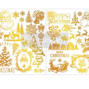 May include: A sheet of gold foil stickers featuring Christmas imagery including Santa Claus faces, reindeer, sleighs, snowflakes, pine trees, bells, houses, and the text Merry Christmas. The designs are arranged in a grid on a white background.