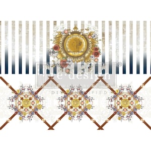 May include: A white background with a brown and blue striped pattern at the top. The center of the image features a gold and white design with floral accents. The design includes the text "1875" and "We Design With Victorian Flair" in a vintage font. The bottom of the image features a repeating pattern of brown straps and gold and white floral designs.
