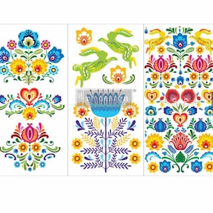 May include: A set of colorful folk art style floral designs with bunnies. The designs are in shades of blue, green, yellow, red, and pink. The designs are perfect for crafting, scrapbooking, or decorating.