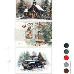 May include: A triptych of winter scenes. The top panel shows a snow-covered church. The middle panel depicts two birdcages with red cardinals. The bottom panel features a black pickup truck carrying a Christmas tree. The artwork measures 11.7 inches by 16.5 inches.
