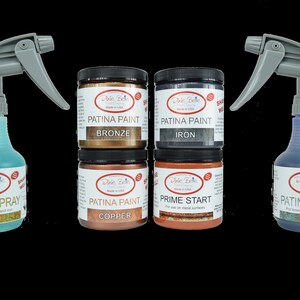 May include: A set of four patina paints and two patina sprays in various colours, including green, blue, bronze, copper, and iron. The products are labelled "Patina Paint" and "Patina Spray" with the colour name printed on each bottle.