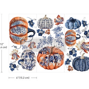 May include: A sheet of 12-inch by 6-inch decorative transfer decals featuring a blue and orange pumpkin design. The pumpkins are decorated with floral patterns and have a vintage look. The decals are perfect for adding a touch of fall charm to your home decor.