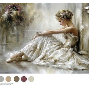 May include: An oil painting depicts a woman in a white gown, seated on the floor. The dress features gold accents and a flowing skirt. She wears a floral headpiece and ballet slippers. A bouquet of flowers is in the background, with a soft, neutral color palette.