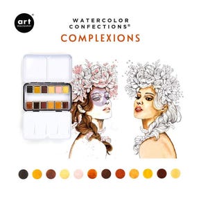 May include: A white watercolor paint set with 12 shades of brown, yellow, and pink. The set is labeled "Watercolor Confections Complexions" and features illustrations of two women with floral headpieces.