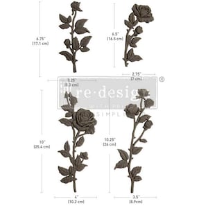 May include: Four different sizes of metal rose stem embellishments. The largest measures 10 inches by 4 inches, the smallest measures 2.75 inches by 3.5 inches. The embellishments are a dark gray color and have a rustic, vintage look.