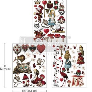 May include: Three sheets of digital paper featuring illustrations from Alice in Wonderland. The first sheet includes a red heart, a crown, a playing card, a teapot, a rabbit, a queen, and a Mad Hatter. The second sheet features a Cheshire Cat, a mushroom, a clock, and a playing card. The third sheet includes a flamingo, a queen, a playing card, a teapot, and a musical note.