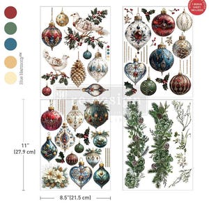May include: Decorative Christmas-themed transfer sheets featuring various ornaments, doves, pinecones, and greenery. The sheets measure 11 inches (27.9 cm) in height and 8.5 inches (21.5 cm) in width. Includes a bonus sheet. The color palette includes red, green, blue, and gold.