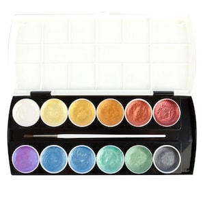 May include: A watercolor paint set with 12 metallic colors in a black plastic case. The set includes a small, white-handled paintbrush. The paints are arranged in a row of six on top and six on the bottom, with a white plastic lid.