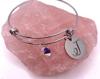 Personalized Initial - Letter Bracelet | Engraved Charm Bracelet | Heart Crystal Personalized Charm Bangle | Letter (I) cuff bracelet