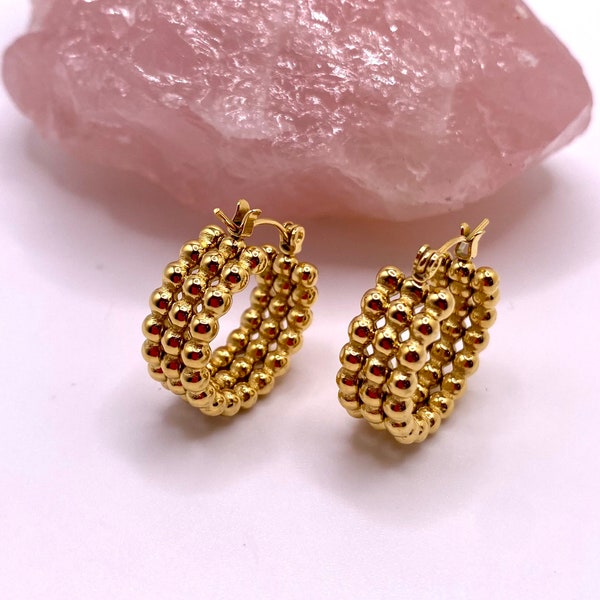 Triple layered hoop Earrings | 18K Gold plated huggie hoop earrings | Huggie gold earrings | Circle bead earrings