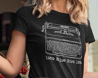 Koszulka z nadrukiem Vintage Typewriter: Koszulka z czcionką Blue Bird 18B z 1959 roku