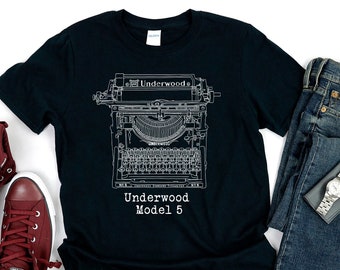 Vintage Typewriter Shirt, Underwood Model 5 T Shirt, Writers Gift, Minimalist Graphic Tee, Novelist Writing T-Shirt