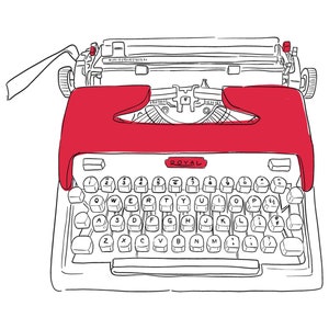 Può includere: Una macchina da scrivere vintage rossa e bianca con la scritta "ROYAL" stampata sul davanti. La macchina da scrivere ha una tastiera completa con tutte le lettere e i numeri.