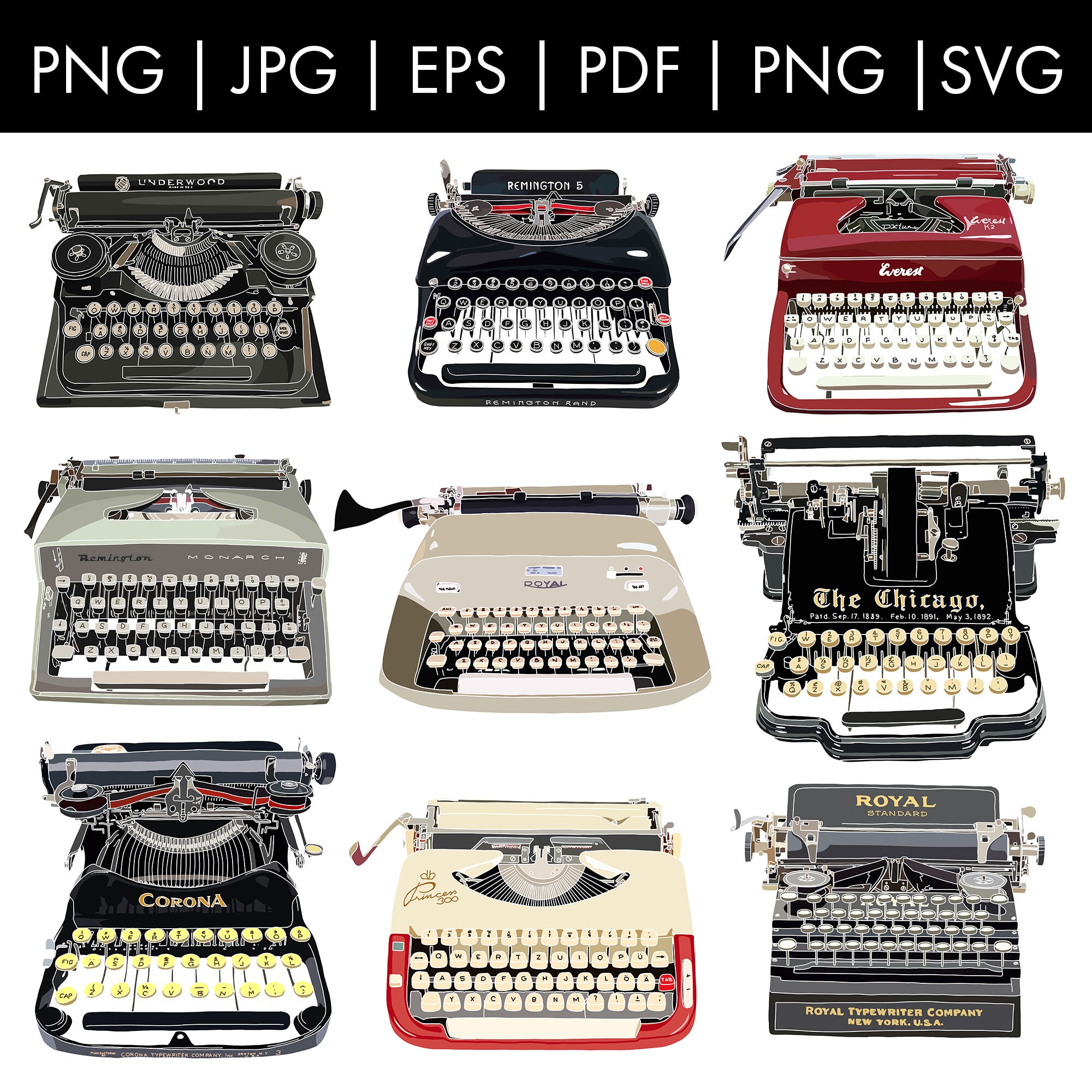 Antique Typewriters Mega Bundle More Than 50 Hand Drawn Designs Color & Black and White Instant