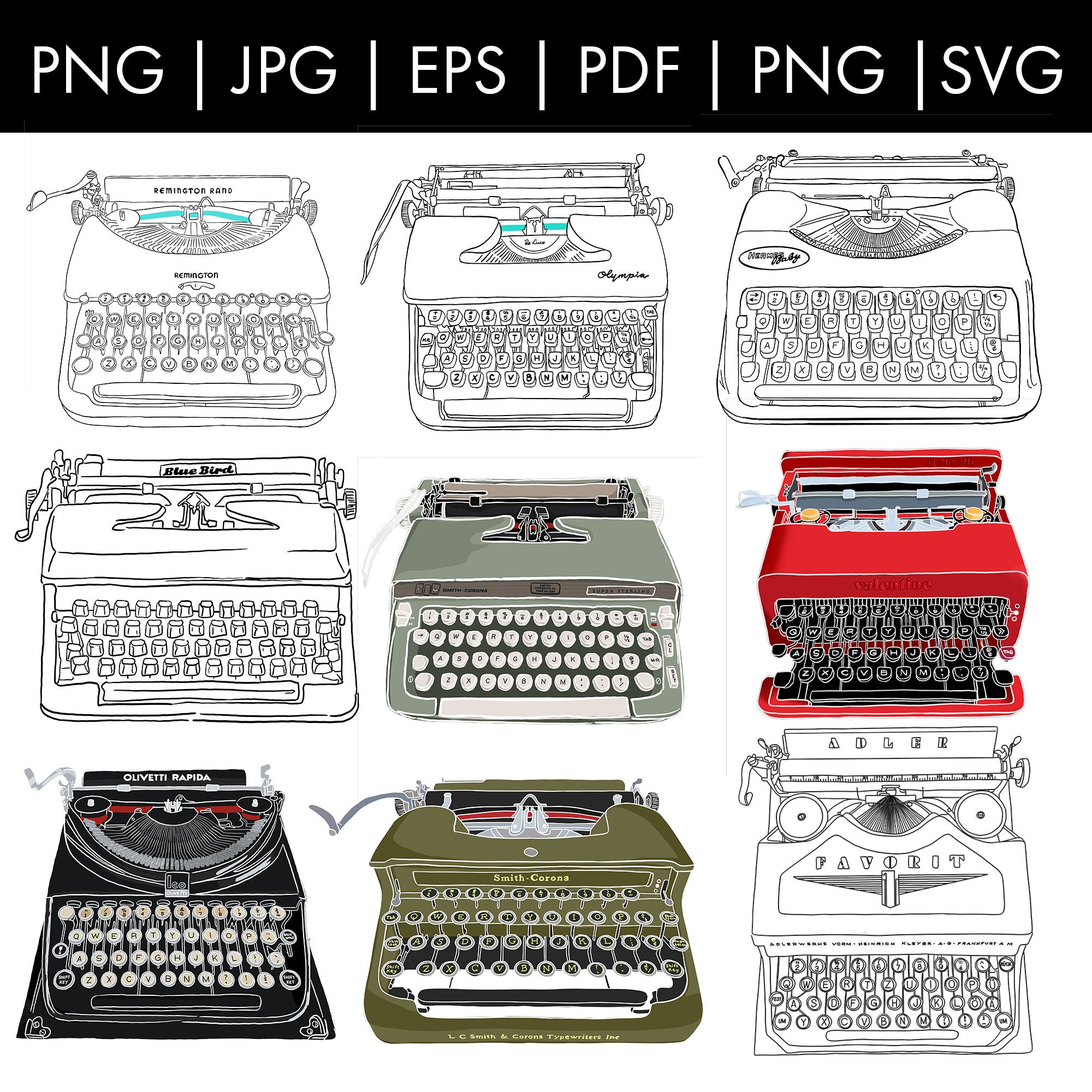 Antique Typewriters Mega Bundle More Than 50 Hand Drawn Designs Color & Black and White Instant