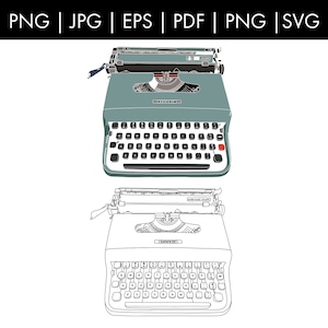May include: A vintage typewriter with a green body and black keys. The typewriter is in a line drawing style with a solid green version of the typewriter above it.