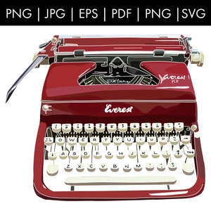 Può includere: Una macchina da scrivere vintage rossa con il nome del marchio "Everest K2" sulla parte superiore. La macchina da scrivere ha una tastiera bianca con tasti neri e una leva di ritorno carrello bianca.