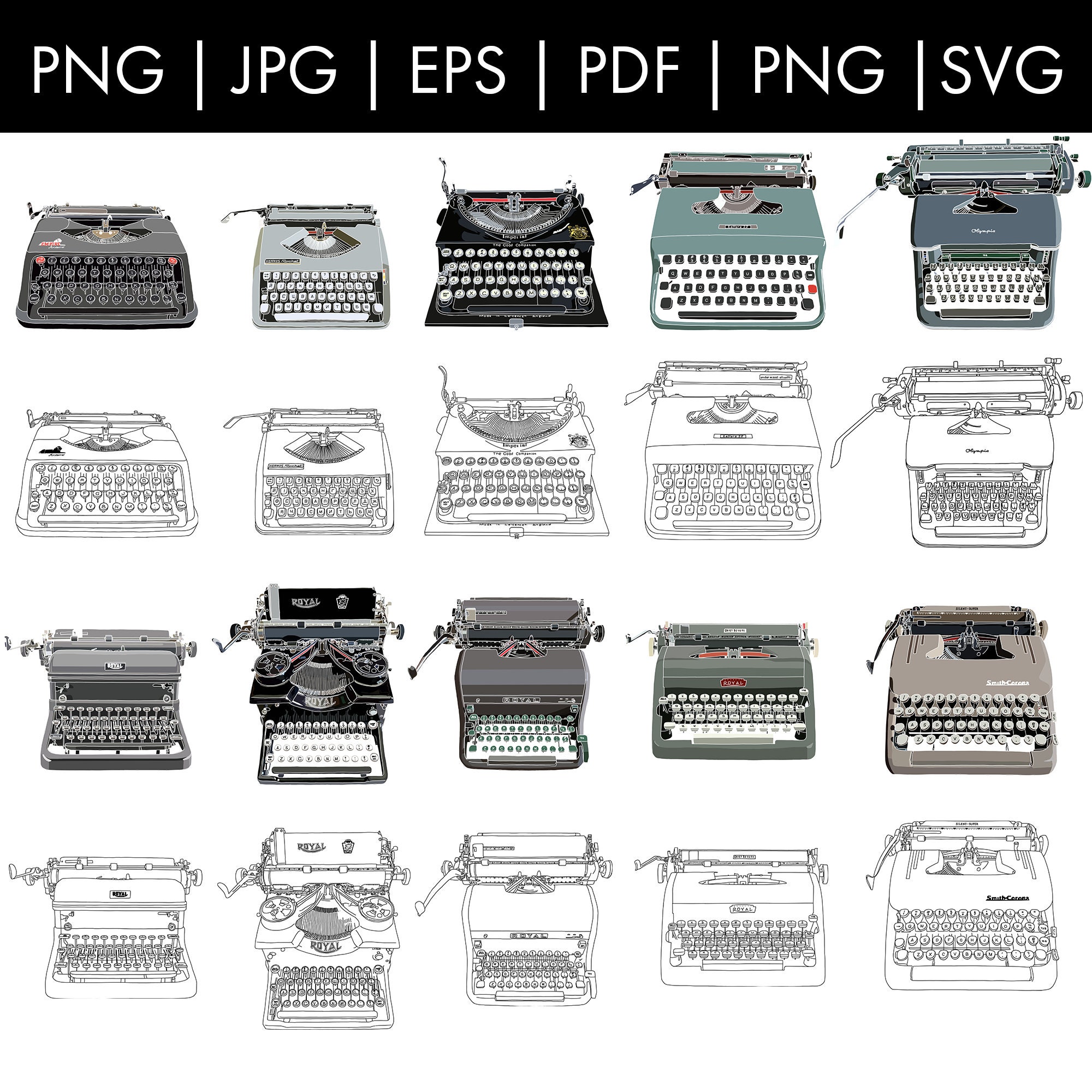 Antique Typewriters Mega Bundle More Than 50 Hand Drawn Designs Color & Black and White Instant