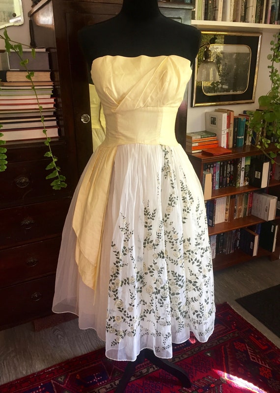 Vintage Prom Dress 1960s Yellow with Flowers