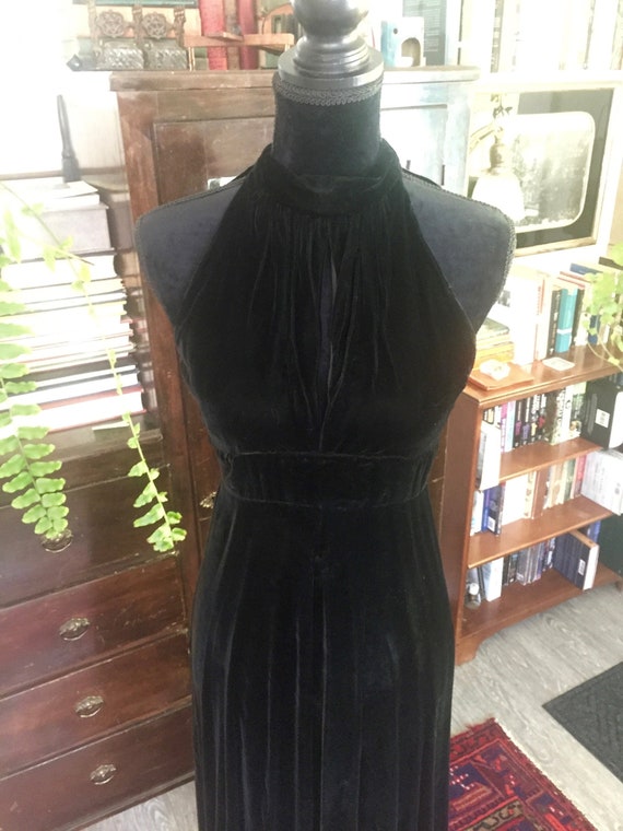 1930s Halter Dress | Open Back Black Velvet Evenin