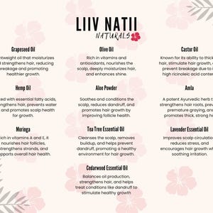 K&ouml;nnte beinhalten: Eine Infografik f&uuml;r LIIV NATII NATURALS, vor einem hellrosa Hintergrund mit floralen und Blattmotiven. Sie listet die Vorteile von Haarprodukten wie Traubenkern&ouml;l, Oliven&ouml;l, Rizinus&ouml;l und Hanf&ouml;l auf, die f&uuml;r ges&uuml;nderes Haar sorgen.
