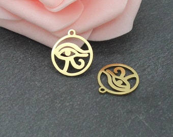 2 Egyptian Eye of Horus charms in 201 gold stainless steel, 17 x 15 mm, AC674