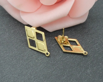 2 rautenförmige Ohrsteckerrohlinge aus vergoldetem Edelstahl, 24 x 13 mm, Schmuckzubehör, BOA77