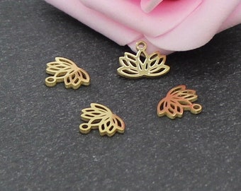 2 mini dijes de flor de loto en acero inoxidable dorado, baño de iones, 7,5 x 10 mm, AC257