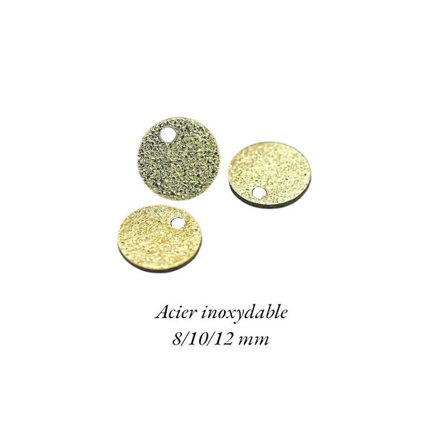 6 round glittery sequin charms in gold stainless steel, ion plating, 8 - 10 or 12 mm